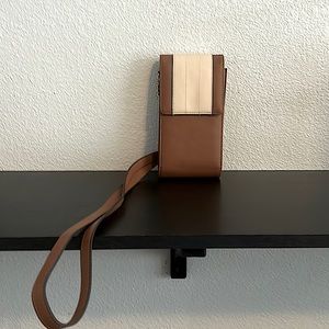 Brown and gold chain, wallet, and phone holder, crossbody hand bag.